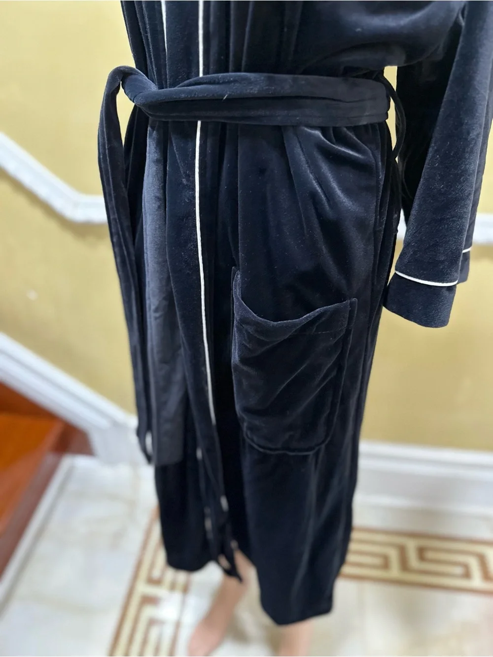 Dior Black Velvet Robe with White Piping